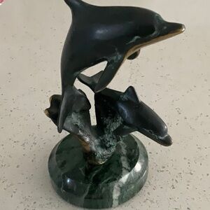 Brass & Onyx Double Dolphin Sea Art Sculpture